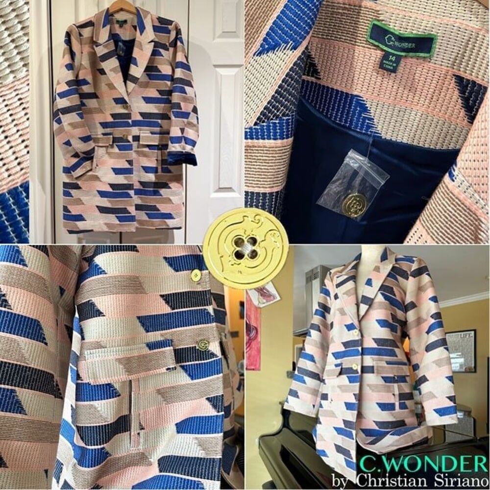 C. Wonder Christian Siriano Geometric Embroidered Knee Length Blazer Coat Jacket